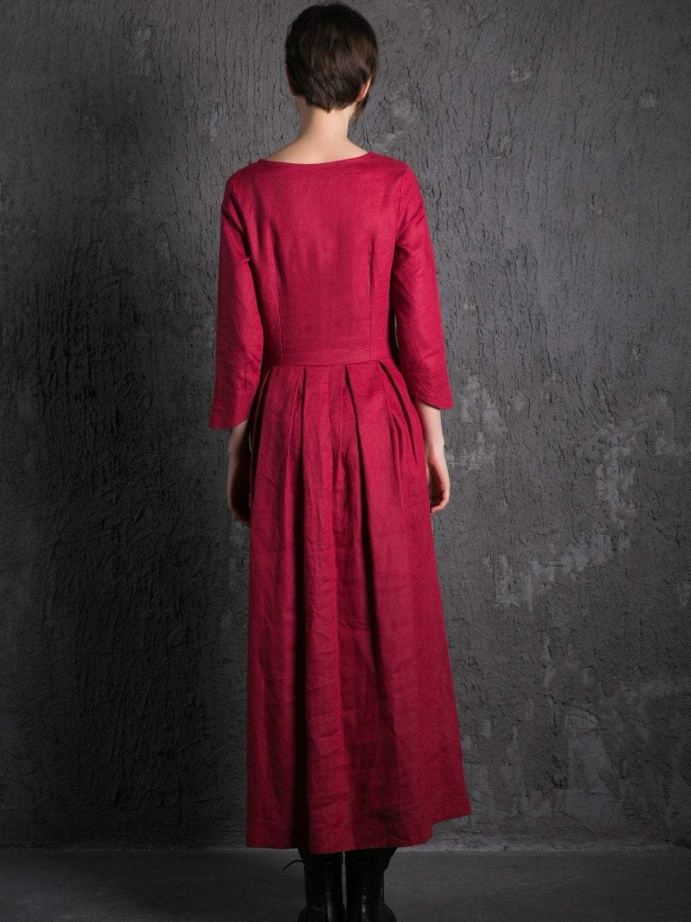 YLISTYLE Red Linen Maxi Dress - Raspberry Fit & Flare with Pintuck Pleated Waist - Picture 3 of 11